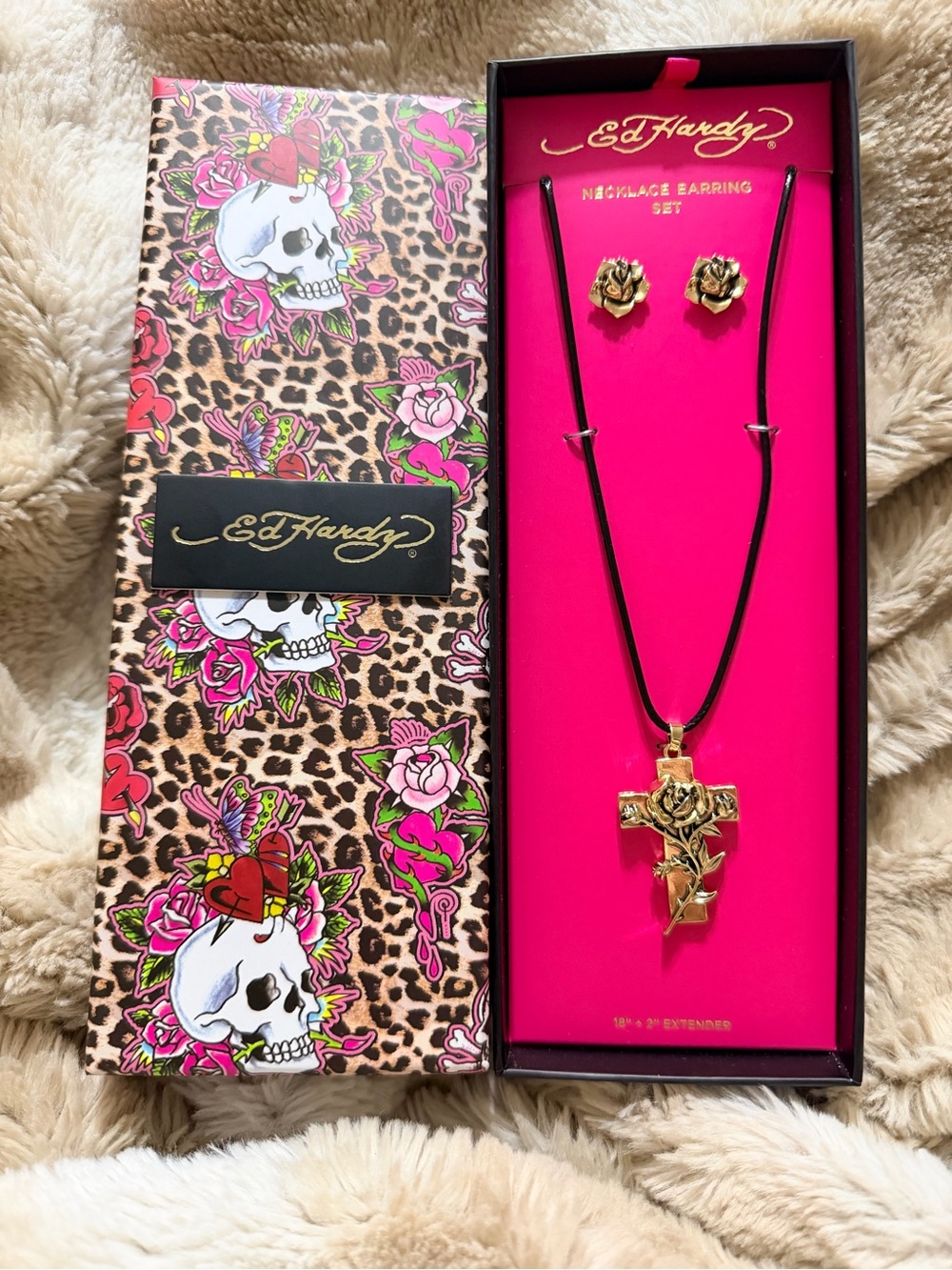 Ed Hardy Gold Rose Cross Necklace and Rose Stud Earrings - Black Cord